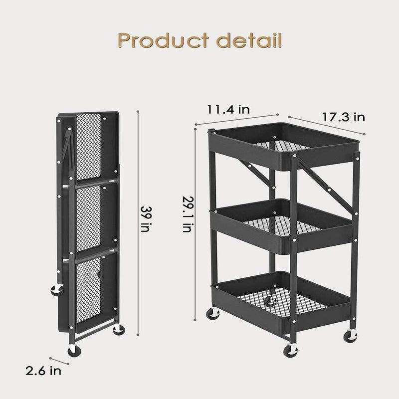 CARRINHO MULTIUSO ORGANIZADOR 3 PRATELEIRAS DOBRAVEL EM AÇO PRETO - Universo Casa