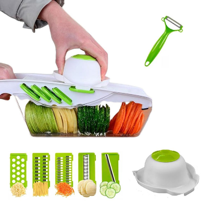 CORTADOR MULTIFUNCIONAL FATIADOR DE FRUTAS LEGUMES VERDURAS MANDOLINA 6 EM 1 COM - Universo Utensílios