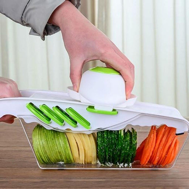 CORTADOR MULTIFUNCIONAL FATIADOR DE FRUTAS LEGUMES VERDURAS MANDOLINA 6 EM 1 COM - Universo Utensílios