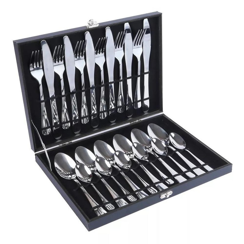 KIT FAQUEIRO MALETA PREMIUM 24 PEÇAS CONJUNTO TALHERES INOX ESTOJO MADEIRA - Universo Utensílios